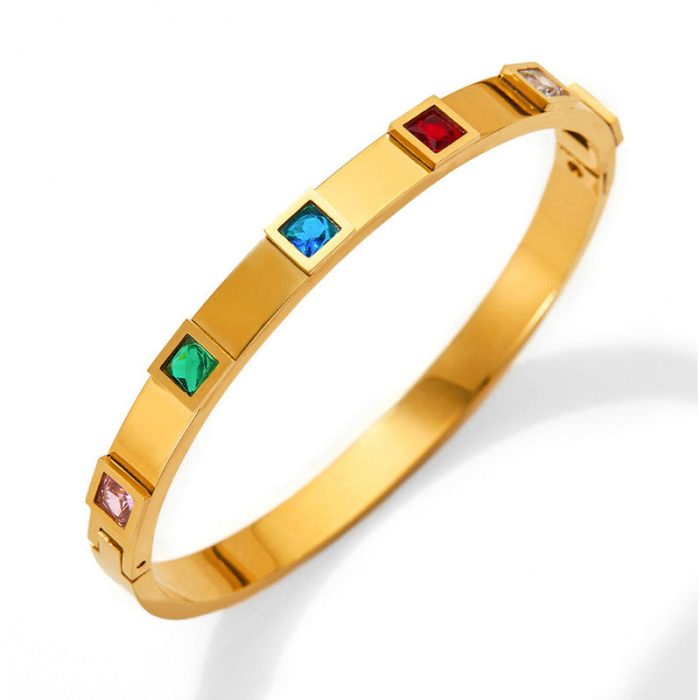 Stainless Steel Gold-Plated Multicolor Square American Diamond studded Bangle-Style Anti-Tarnish Bracelet For Women - VAIRAVI