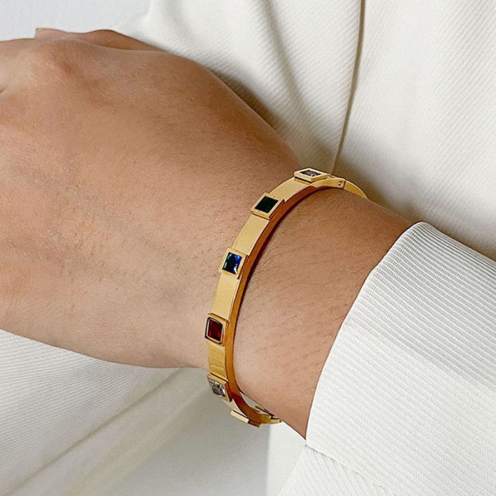 Stainless Steel Gold-Plated Multicolor Square American Diamond studded Bangle-Style Anti-Tarnish Bracelet For Women - VAIRAVI