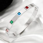 Stainless Steel Silver-Plated Multicolor Square American Diamond studded Bangle-Style Anti-Tarnish Bracelet For Women - VAIRAVI