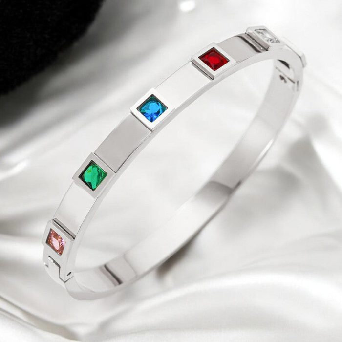 Stainless Steel Silver-Plated Multicolor Square American Diamond studded Bangle-Style Anti-Tarnish Bracelet For Women - VAIRAVI