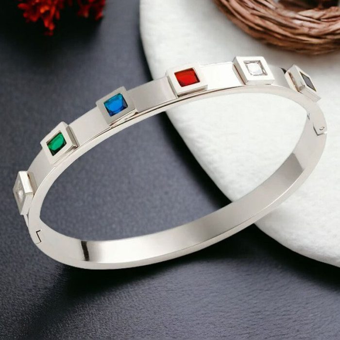 Stainless Steel Silver-Plated Multicolor Square American Diamond studded Bangle-Style Anti-Tarnish Bracelet For Women - VAIRAVI