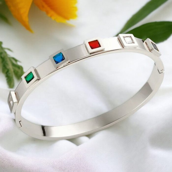 Stainless Steel Silver-Plated Multicolor Square American Diamond studded Bangle-Style Anti-Tarnish Bracelet For Women - VAIRAVI