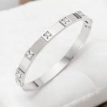 Stainless Steel Silver-Plated White Square American Diamond studded Bangle-Style Anti-Tarnish Bracelet For Women - VAIRAVI