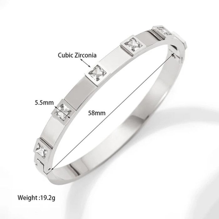 Stainless Steel Silver-Plated White Square American Diamond studded Bangle-Style Anti-Tarnish Bracelet For Women - VAIRAVI