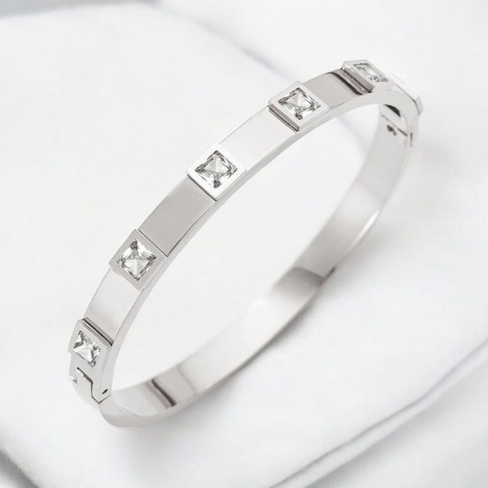 Stainless Steel Silver-Plated White Square American Diamond studded Bangle-Style Anti-Tarnish Bracelet For Women - VAIRAVI