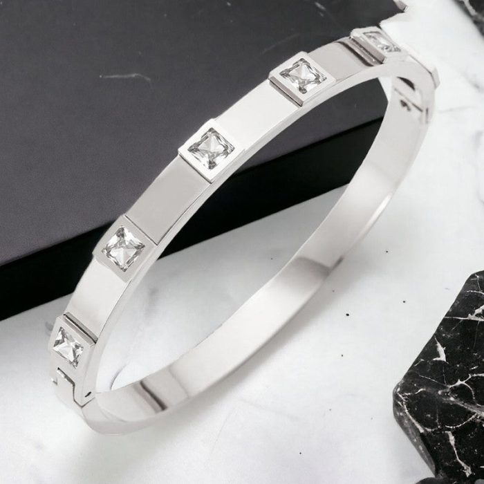 Stainless Steel Silver-Plated White Square American Diamond studded Bangle-Style Anti-Tarnish Bracelet For Women - VAIRAVI
