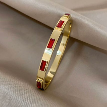 Stainless Steel Gold-Plated Red Rectangular American Diamond studded Bangle-Style Anti-Tarnish Bracelet For Women - VAIRAVI