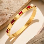 Stainless Steel Gold-Plated Red Rectangular American Diamond studded Bangle-Style Anti-Tarnish Bracelet For Women - VAIRAVI