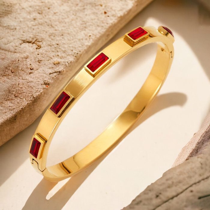 Stainless Steel Gold-Plated Red Rectangular American Diamond studded Bangle-Style Anti-Tarnish Bracelet For Women - VAIRAVI