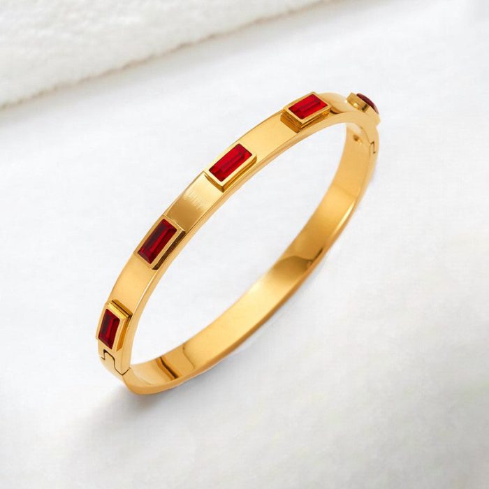Stainless Steel Gold-Plated Red Rectangular American Diamond studded Bangle-Style Anti-Tarnish Bracelet For Women - VAIRAVI