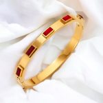 Stainless Steel Gold-Plated Red Rectangular American Diamond studded Bangle-Style Anti-Tarnish Bracelet For Women - VAIRAVI