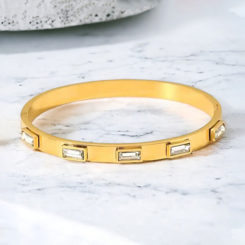 Stainless Steel Gold-Plated White Rectangular American Diamond studded Bangle-Style Anti-Tarnish Bracelet For Women - VAIRAVI Stainless Steel Gold-Plated White Rectangular American Diamond studded Bangle-Style Anti-Tarnish Bracelet For Women - VAIRAVI