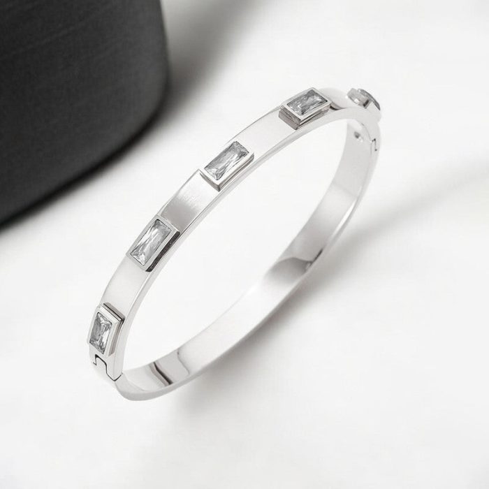 Stainless Steel Silver-Plated White Rectangular American Diamond studded Bangle-Style Anti-Tarnish Bracelet For Women - VAIRAVI