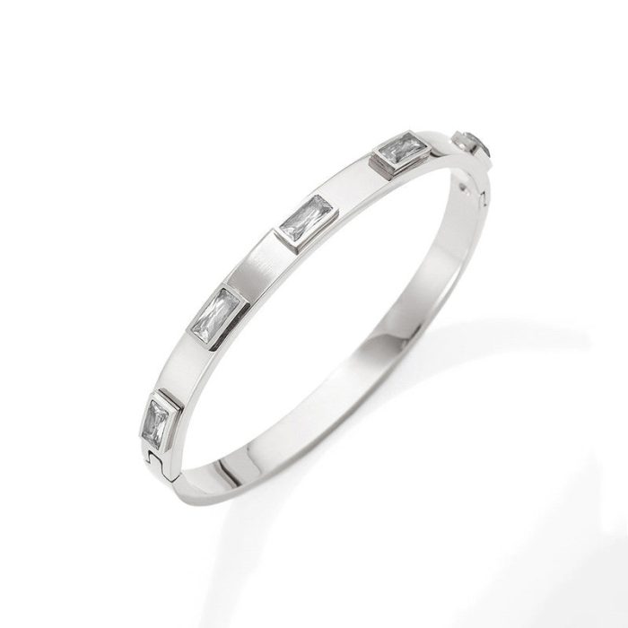 Stainless Steel Silver-Plated White Rectangular American Diamond studded Bangle-Style Anti-Tarnish Bracelet For Women - VAIRAVI