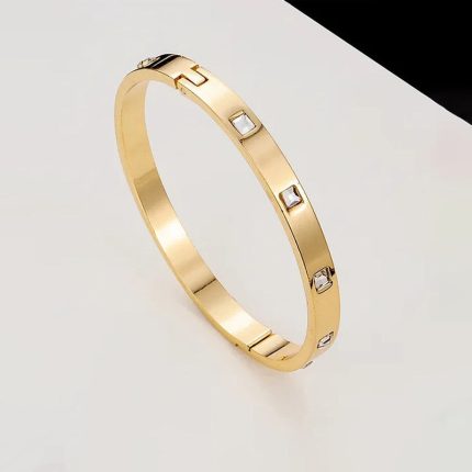 Stainless Steel Gold-Plated White Square American Diamond studded Bangle-Style Anti-Tarnish Bracelet For Women - VAIRAVI