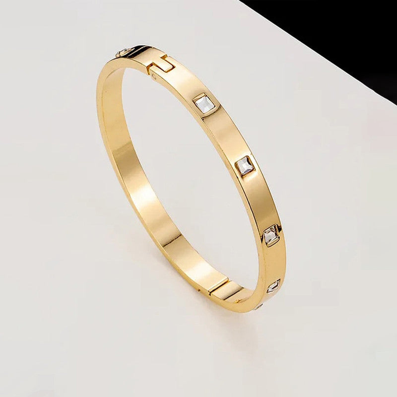 Stainless Steel Gold-Plated White Square American Diamond studded Bangle-Style Anti-Tarnish Bracelet For Women - VAIRAVI Stainless Steel Gold-Plated White Square American Diamond studded Bangle-Style Anti-Tarnish Bracelet For Women - VAIRAVI