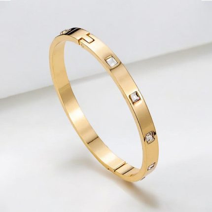 Stainless Steel Gold-Plated White Square American Diamond studded Bangle-Style Anti-Tarnish Bracelet For Women - VAIRAVI