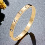 Stainless Steel Gold-Plated White Square American Diamond studded Bangle-Style Anti-Tarnish Bracelet For Women - VAIRAVI