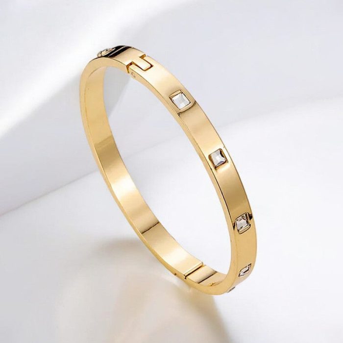 Stainless Steel Gold-Plated White Square American Diamond studded Bangle-Style Anti-Tarnish Bracelet For Women - VAIRAVI