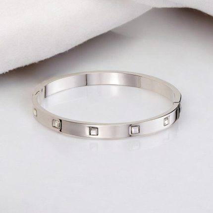 Stainless Steel Silver-Plated White Square American Diamond studded Bangle-Style Anti-Tarnish Bracelet For Women - VAIRAVI