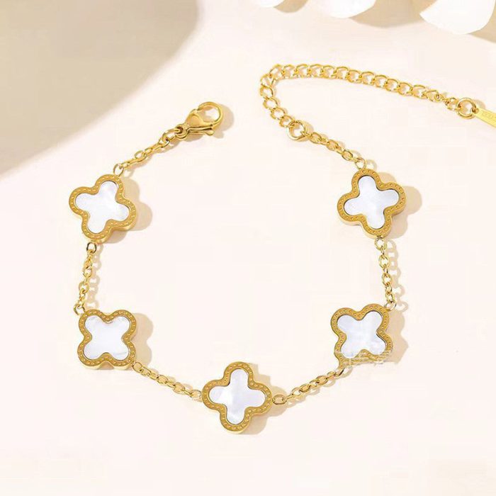 Stainless Steel Gold-Plated White Clover Mother of Pearl Link Bracelet For Women - VAIRAVI