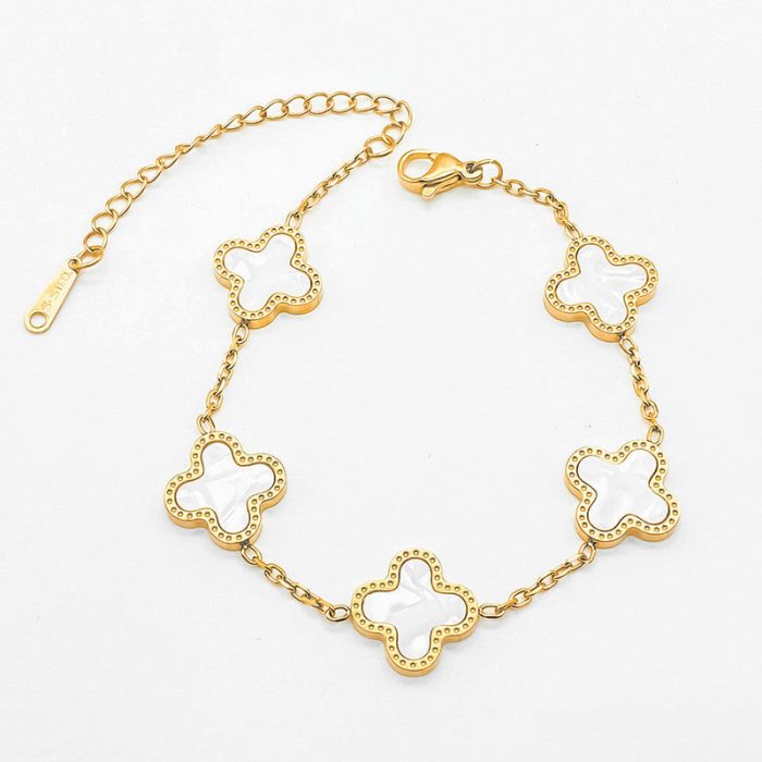 Stainless Steel Gold-Plated White Clover Mother of Pearl Link Bracelet For Women - VAIRAVI