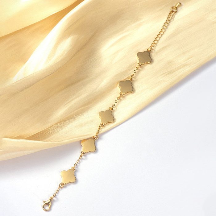 Stainless Steel Gold-Plated White Clover Mother of Pearl Link Bracelet For Women - VAIRAVI