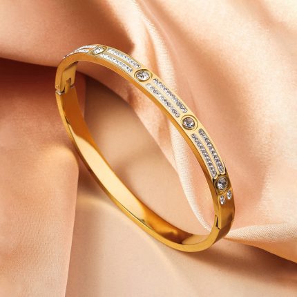 Stainless Steel Gold-Plated American Diamond Studded Bangle-Style Anti-Tarnish Bracelet For Women - VAIRAVI