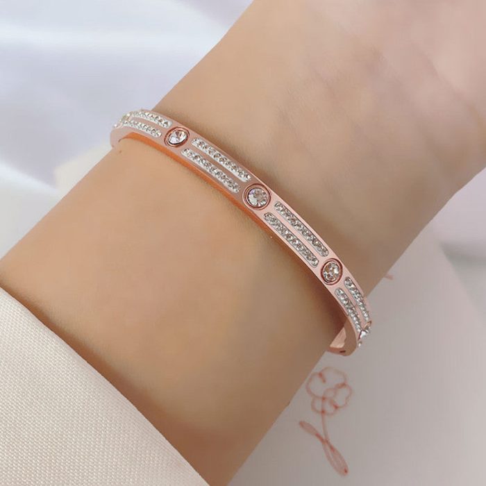 Stainless Steel Rose Gold-Plated American Diamond Studded Bangle-Style Bracelet For Women - VAIRAVI