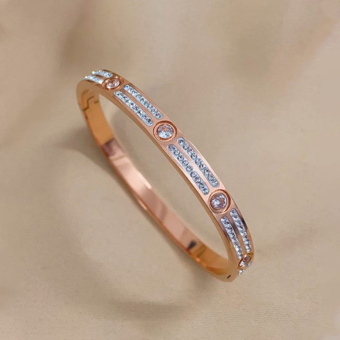 Stainless Steel Rose Gold-Plated American Diamond Studded Bangle-Style Bracelet For Women - VAIRAVI