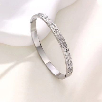 Stainless Steel Silver-Plated American Diamond Studded Bangle-Style Anti-Tarnish Bracelet For Women - VAIRAVI