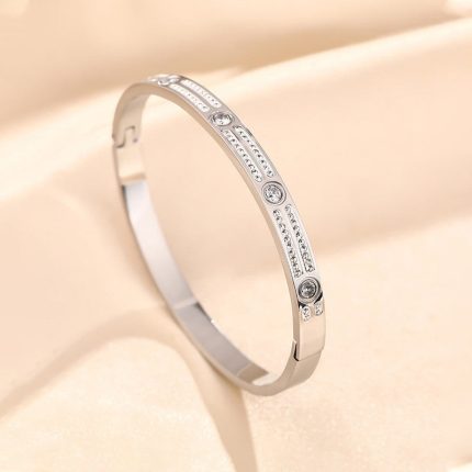 Stainless Steel Silver-Plated American Diamond Studded Bangle-Style Anti-Tarnish Bracelet For Women - VAIRAVI