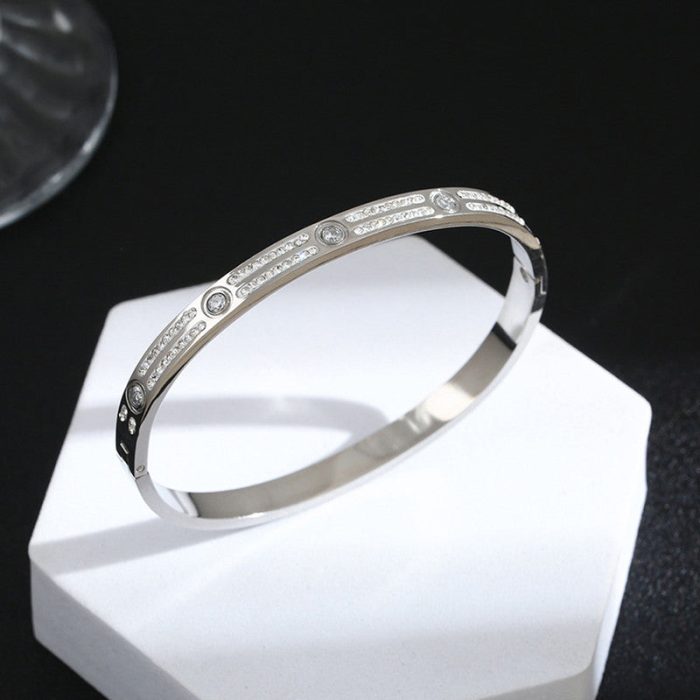Stainless Steel Silver-Plated American Diamond Studded Bangle-Style Anti-Tarnish Bracelet For Women - VAIRAVI
