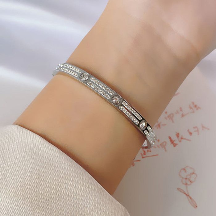 Stainless Steel Silver-Plated American Diamond Studded Bangle-Style Anti-Tarnish Bracelet For Women - VAIRAVI