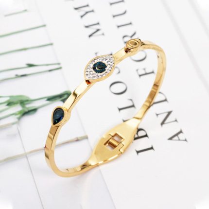 Stainless Steel Gold-Plated American Diamond Evil Eye Bangle-Style Anti-Tarnish Bracelet For Women - VAIRAVI