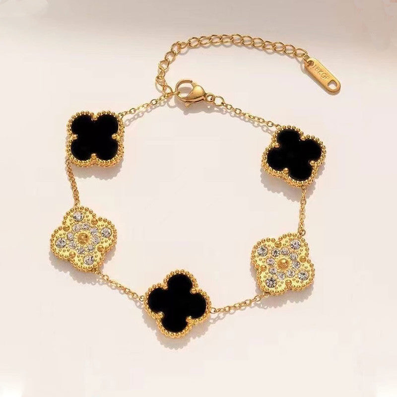 Stainless Steel Gold-Plated Multicolor AD studded Clover Link Bracelet For Women - VAIRAVI Stainless Steel Gold-Plated Multicolor AD studded Clover Link Bracelet For Women - VAIRAVI