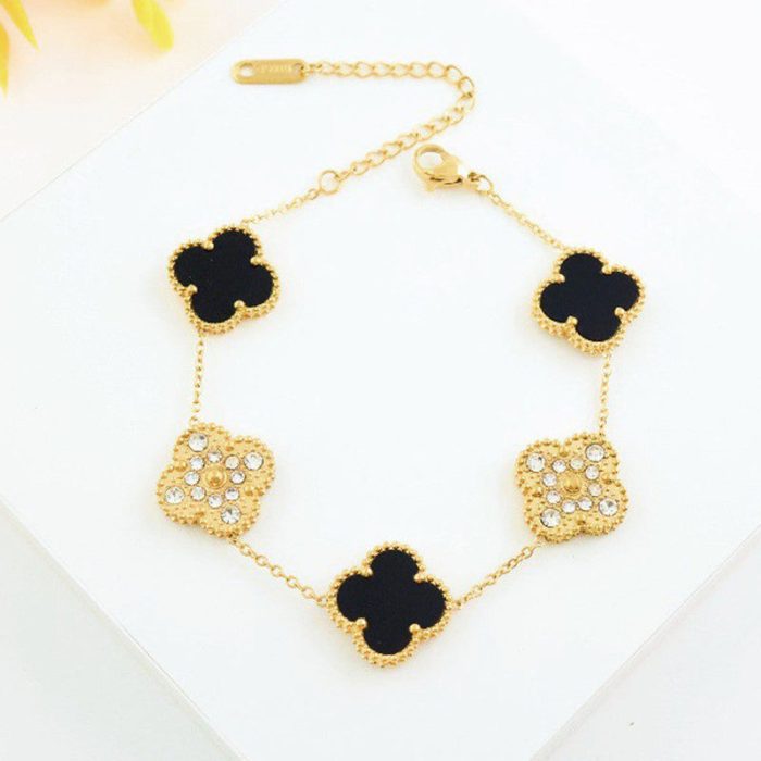 Stainless Steel Gold-Plated Multicolor AD studded Clover Link Bracelet For Women - VAIRAVI