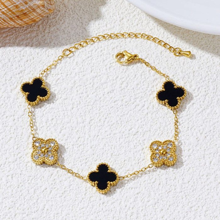 Stainless Steel Gold-Plated Multicolor AD studded Clover Link Bracelet For Women - VAIRAVI