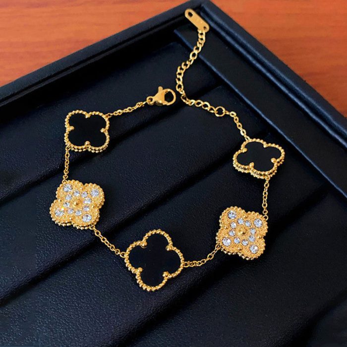 Stainless Steel Gold-Plated Multicolor AD studded Clover Link Bracelet For Women - VAIRAVI