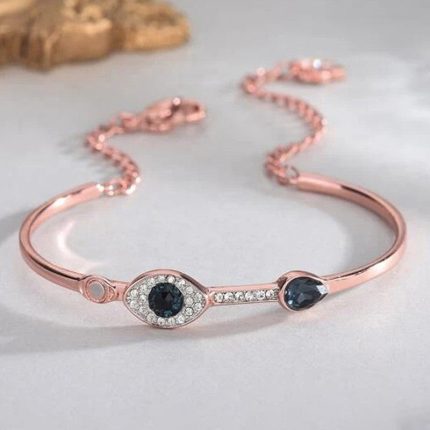 Stainless Steel Rose Gold-Plated American Diamond Evil Eye Bangle-Style Bracelet For Women - VAIRAVI