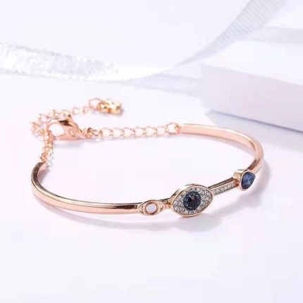 Stainless Steel Rose Gold-Plated American Diamond Evil Eye Bangle-Style Bracelet For Women - VAIRAVI