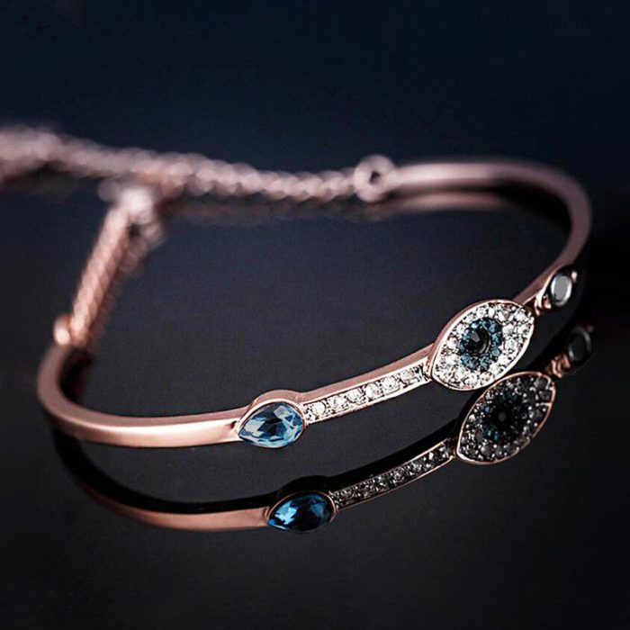 Stainless Steel Rose Gold-Plated American Diamond Evil Eye Bangle-Style Bracelet For Women - VAIRAVI