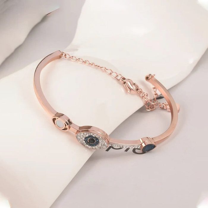 Stainless Steel Rose Gold-Plated American Diamond Evil Eye Bangle-Style Bracelet For Women - VAIRAVI