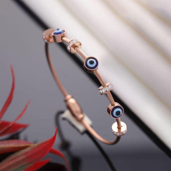 Stainless Steel Rose Gold Plated American Diamond Studded Evil Eye Bracelet For Women - Image 5