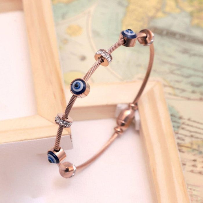 Stainless Steel Rose Gold Plated American Diamond Studded Evil Eye Bracelet For Women - Image 7