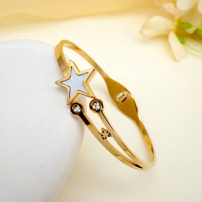 Gold Plated Stainless Steel Star Themed Anti Tarnish Bangle Style Bracelet - Image 5