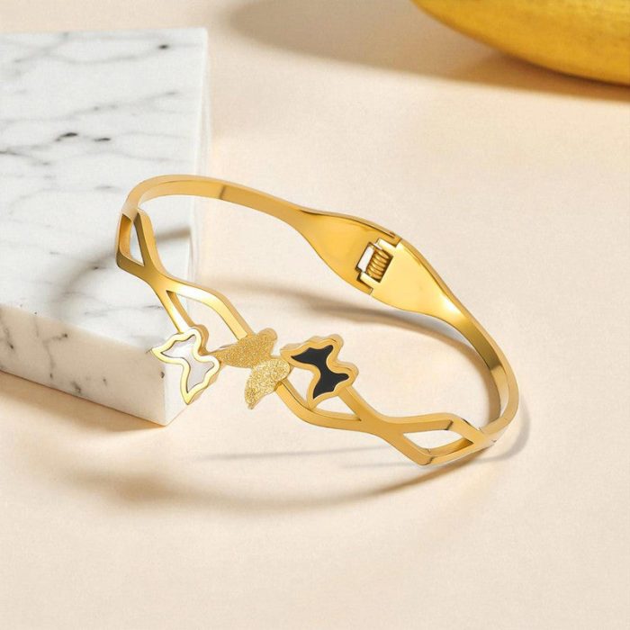 Gold Plated Stainless Steel Butterfly Themed Anti Tarnish Bangle Style Bracelet - Image 7