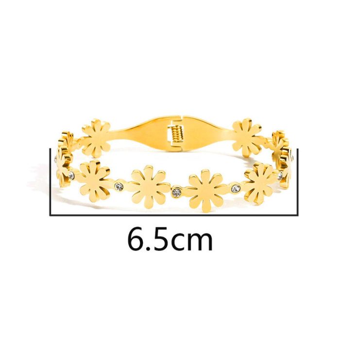 Gold Plated Stainless Steel Floral Themed Anti Tarnish Bangle Style Bracelet - Image 4