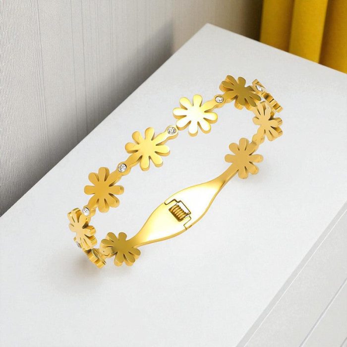 Gold Plated Stainless Steel Floral Themed Anti Tarnish Bangle Style Bracelet - Image 6