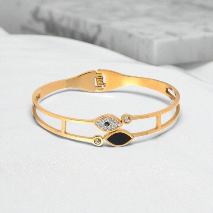 Gold Plated Stainless Steel Evil Eye Themed Anti Tarnish Bangle Style Bracelet - Image 7